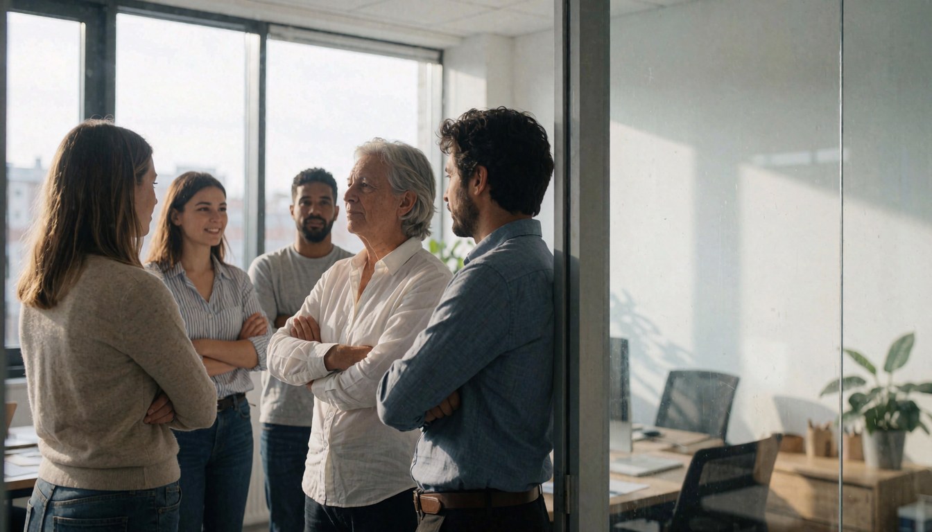 Quatre professionnels debout dans un bureau moderne avec des fenêtres, les bras croisés, profitant de la lumière naturelle et laissant un espace pour du texte.