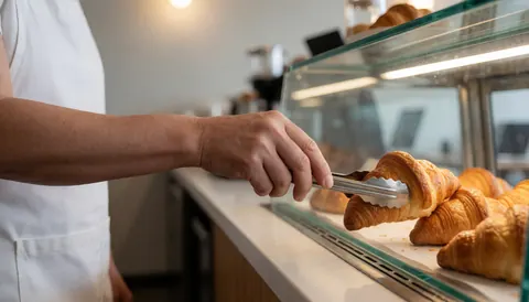 Un barista utilise des pinces pour placer un croissant doré dans une vitrine en verre, au sein d'une cafétéria aux murs clairs et à la lumière chaleureuse.