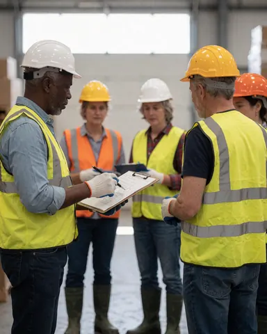 Équipe de travailleurs en casques et gilets de sécurité consultant des plans techniques au sein d'un entrepôt industriel pour coordonner les opérations.