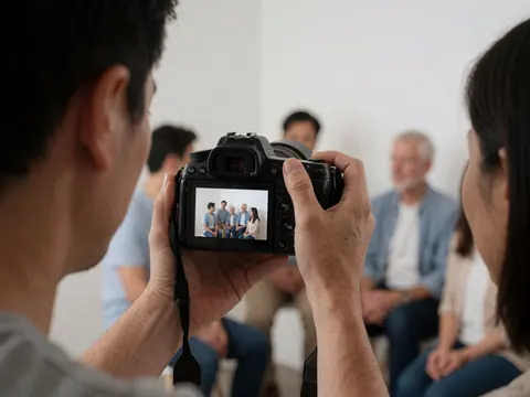Photographe examinant l'écran d'un appareil photo dans une pièce lumineuse avec un groupe assis et des murs blancs.