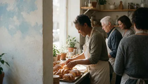 Vue intérieure d'un établissement de boulangerie où une femme dépose un gâteau sur un plateau, entourée de murs peints et de plantes en pot.