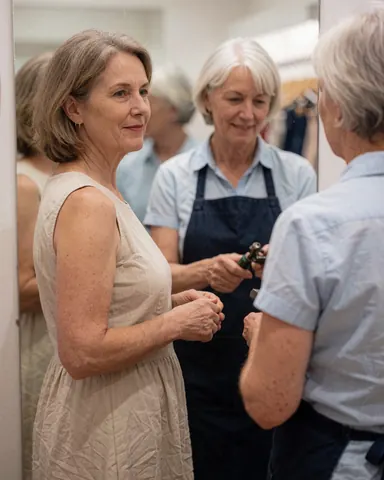 Une cliente essaie une robe devant un miroir tandis qu'une vendeuse ajuste le vêtement avec un outil dans un magasin de vêtements.