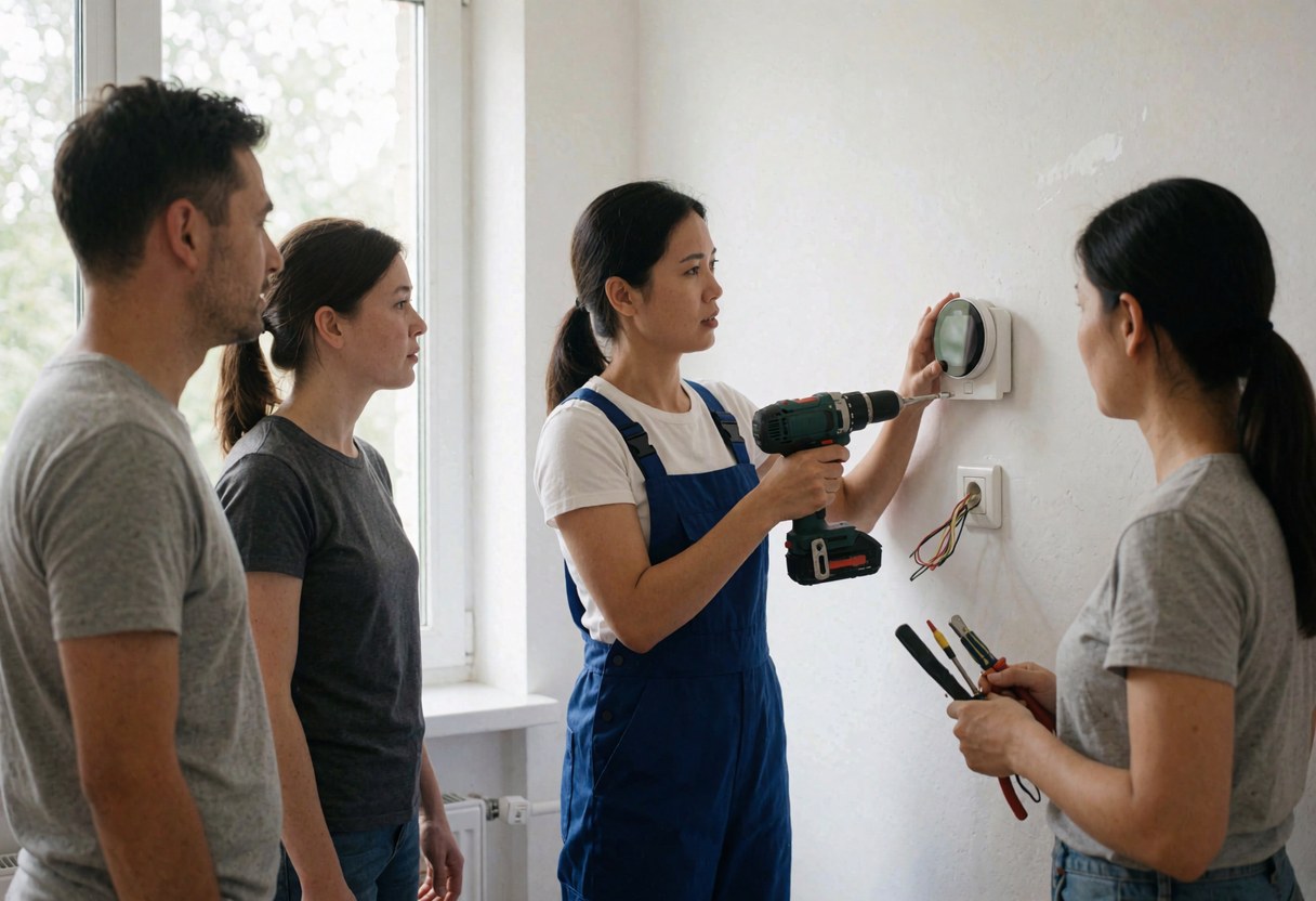 Une technicienne en combinaison pose un thermostat sur un mur blanc avec des outils électriques pendant que des clients observent le service.
