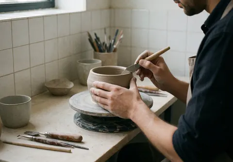 Des mains travaillant sur une casserole en céramique dans un atelier aux murs carrelés et à la lumière naturelle.