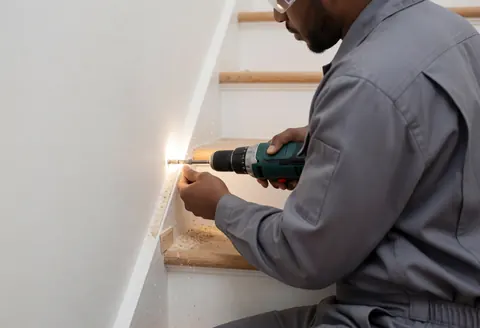 Un ouvrier en uniforme gris utilise une perceuse électrique pour réparer une échelle en bois, avec de la sciure et un mur blanc.