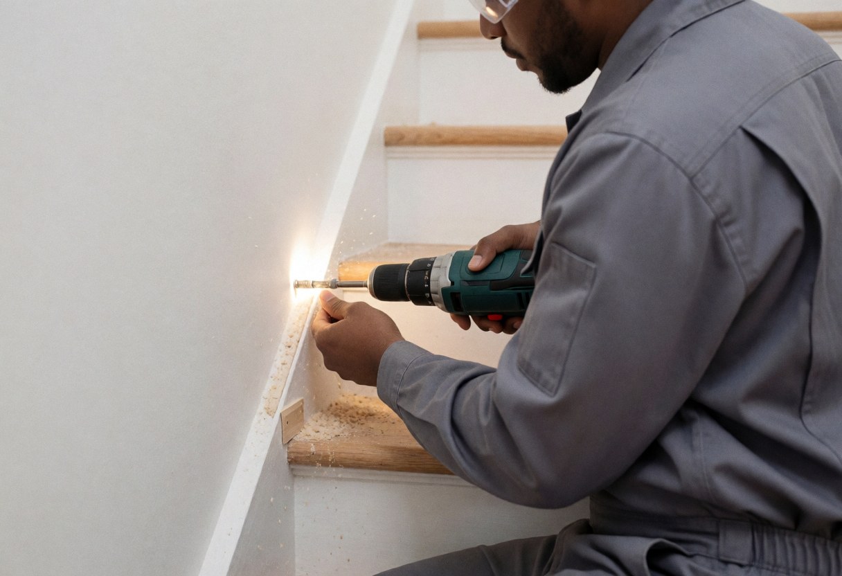 Un ouvrier en uniforme gris utilise une perceuse électrique pour réparer une échelle en bois, avec de la sciure et un mur blanc.