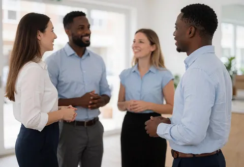 Quatre professionnels en tenue de travail échangent des idées dans un bureau moderne baigné de lumière naturelle, illustrant une ambiance collaborative et professionnelle.