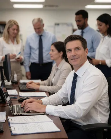 Un homme d'affaires travaille sur son ordinateur portable dans un environnement de bureau moderne avec des collègues et des documents autour.
