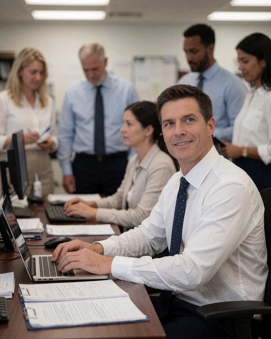 Un homme d'affaires travaille sur son ordinateur portable dans un environnement de bureau moderne avec des collègues et des documents autour.
