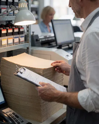 Un homme en tablier examine une pile de papier dans une imprimerie, éclairage chaud et étagère de cartouches d'encre.