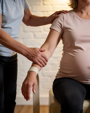 Un instructeur de yoga guide doucement l'étirement d'une femme enceinte à l'aide d'une sangle, sur fond de mur de briques blanches.
