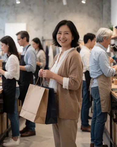 Une cliente heureuse tient plusieurs sacs de courses devant une boutique de mode avec des murs en béton et des vendeurs en train d'assister les clients.