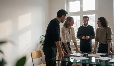 Quatre professionnels dans un bureau moderne avec table en verre et lumière naturelle, travaillant ensemble dans un environnement professionnel.