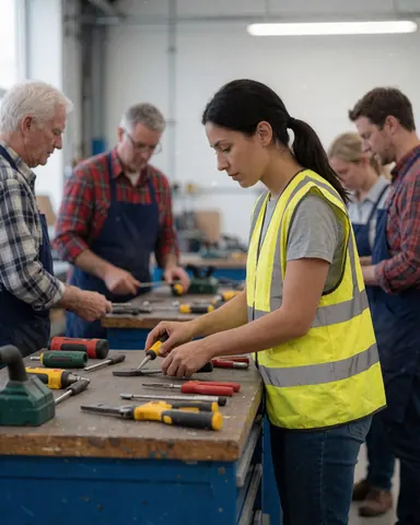 Une femme portant un gilet de sécurité travaille avec des outils sur un établi dans un atelier industriel éclairé par des lumières suspendues.