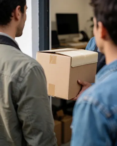 Un employé remet une boîte isolée à un client dans un bureau avec un ordinateur en arrière-plan, illustrant un service de livraison.