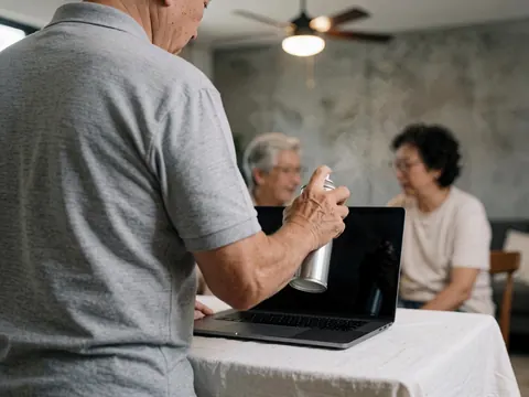 Un technicien en réparation utilise un aérosol pour nettoyer les ventilateurs d'un ordinateur portable posé sur une table couverte d'une nappe blanche.