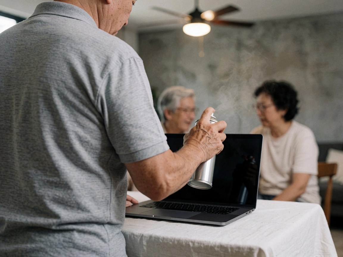 Un technicien en réparation utilise un aérosol pour nettoyer les ventilateurs d'un ordinateur portable posé sur une table couverte d'une nappe blanche.