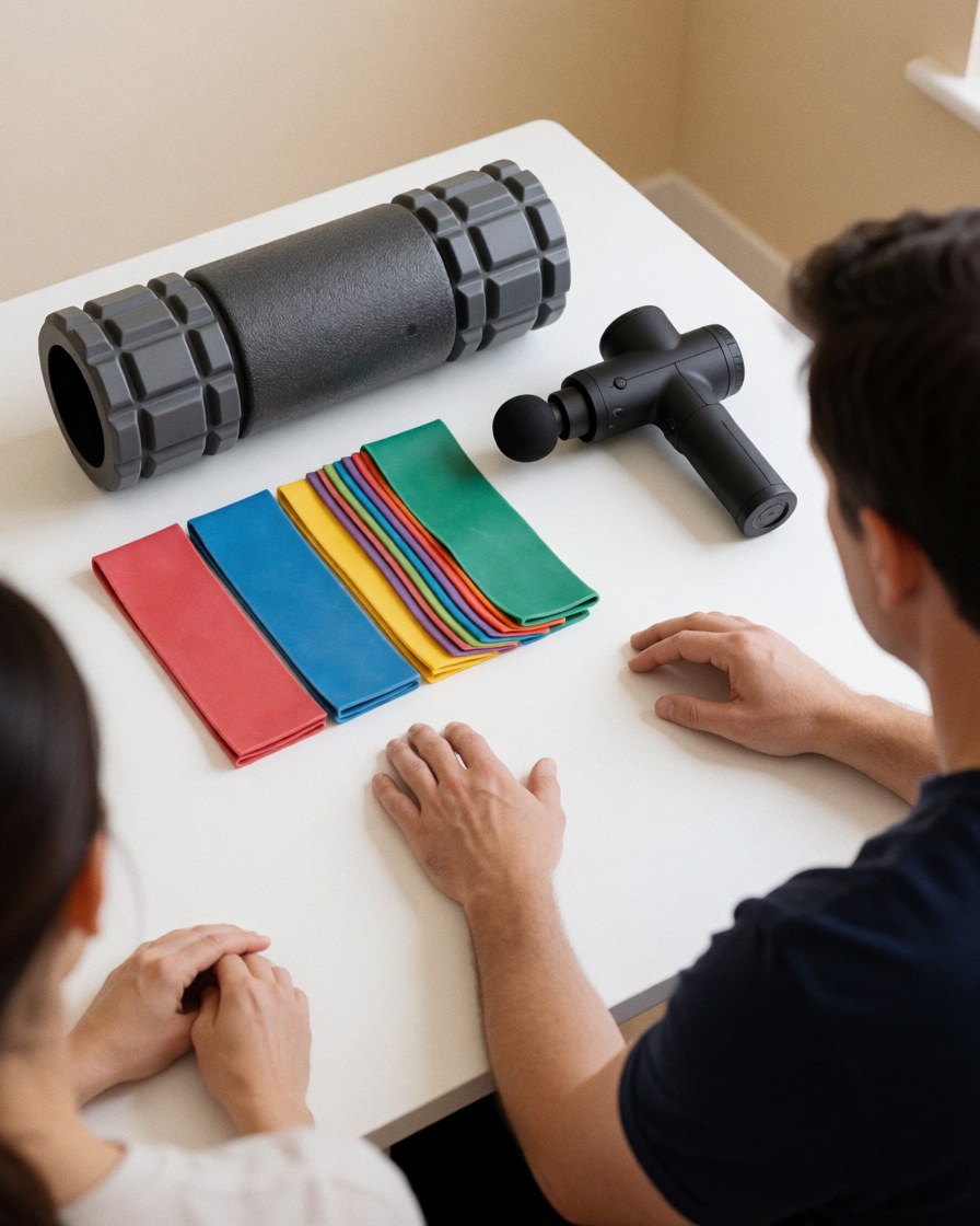 Équipe de massage sportif sur table blanche avec rouleau, bandes élastiques et thérapeute travaillant en thérapie physique.