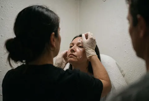 Un thérapeute en gants applique un produit sur le visage d'un client dans un salon aux murs blancs et à l'éclairage doux.
