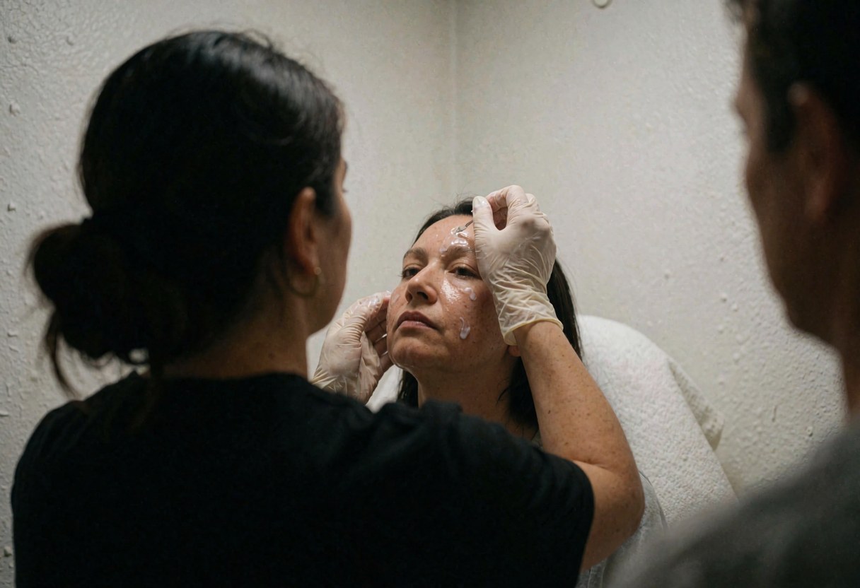 Un thérapeute en gants applique un produit sur le visage d'un client dans un salon aux murs blancs et à l'éclairage doux.