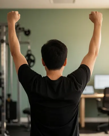 Vue arrière d'une personne levant les bras en signe de victoire dans un gymnape avec des murs verts et du matériel visible.