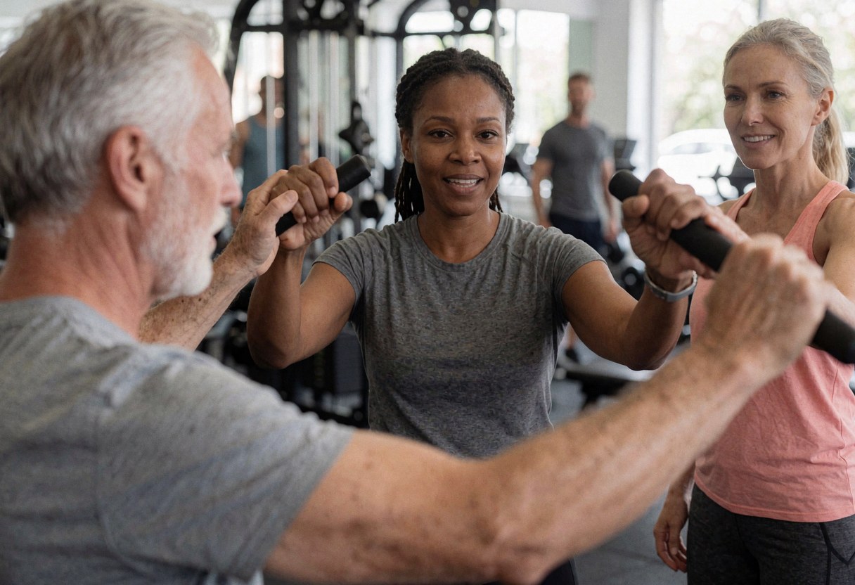 Une entraîneuse guide un client dans un gymnase avec des haltères, une lumière naturelle et un équipement visible.