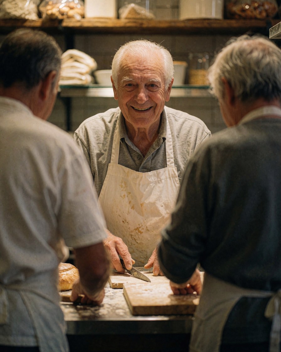 Un boulier senior sourit en coupant du pain sur une table de travail, accompagné de deux assistants dans une boulangerie.