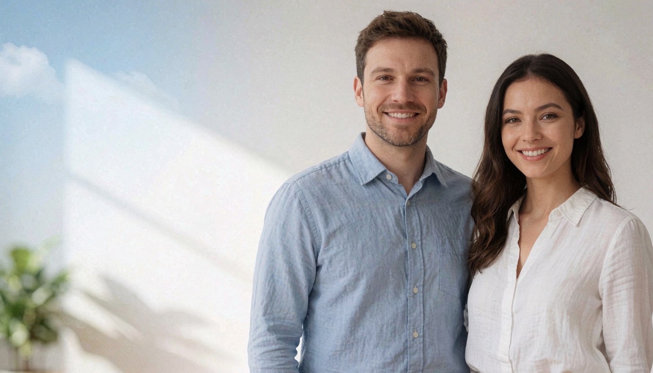 Un couple souriant dans un bureau lumineux avec des murs blancs, une plante verte et un fond clair, idéal pour illustrer le travail d'équipe.