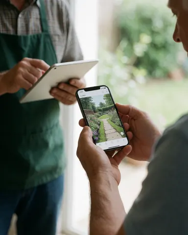 Une cliente examine un plan paysager sur son smartphone tandis qu'un jardinier professionnel consulte une tablette pour valider les détails du projet.
