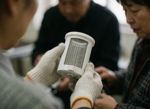 Des mains portant des gants tiennent un filtre de drainage blanc à maille métallique dans un atelier de réparation.