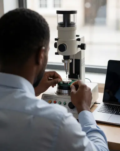 Un technicien horloger ajuste une montre à l'aide d'une machine de test de pression dans un atelier bien éclairé par la lumière naturelle.