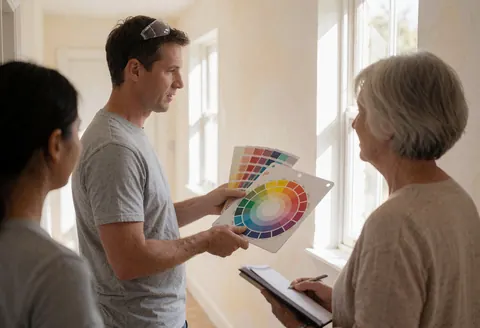 Un peintre professionnel tient une palette de couleurs tandis qu'un client se trouve dans un couloir aux murs fraîchement peints, baigné de lumière naturelle.
