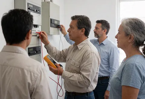 Un électricien professionnel mesure le voltage sur un tableau de distribution tandis que des clients observent l'intervention en cours dans une installation moderne.