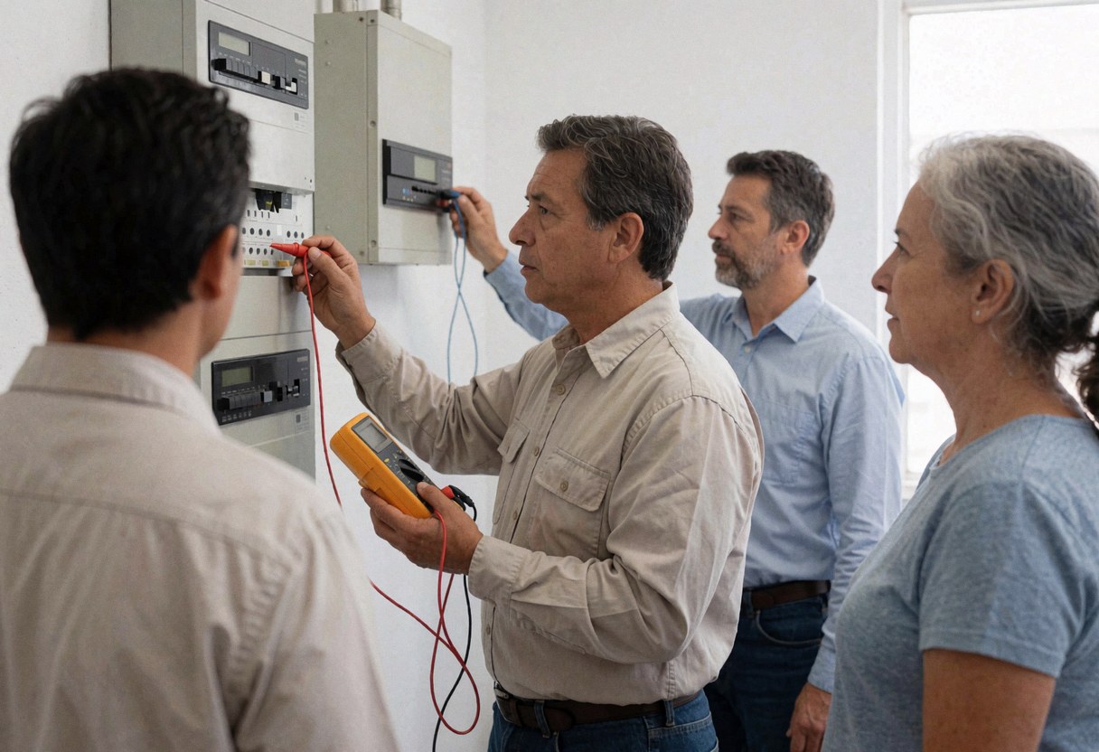 Un électricien professionnel mesure le voltage sur un tableau de distribution tandis que des clients observent l'intervention en cours dans une installation moderne.