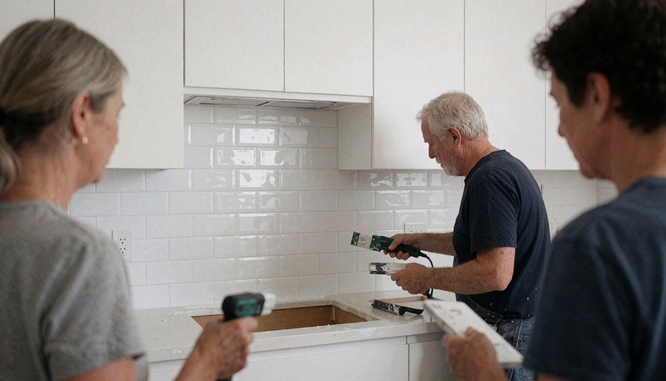 Un peintre applique de la peinture dans une cuisine moderne avec carreaux blancs et armoires lisses, sous le regard de trois personnes.