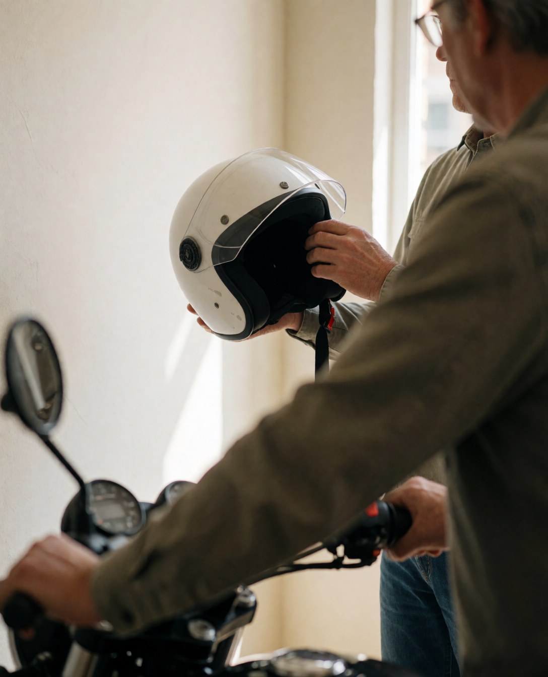 Un client ajuste un casque blanc sur une moto dans un atelier aux murs blancs, illustrant la sécurité pour les services de mototaxis.