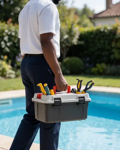 Un technicien marchant avec son kit d'outils à côté d'une piscine dans un jardin bien entretenu, sous une lumière naturelle vive.