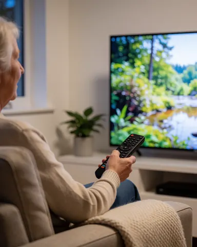 Une personne regarde un écran plat depuis un canapé confortable dans un salon aux murs blancs.