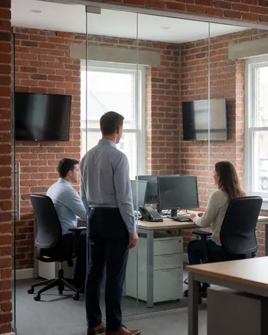 Une cliente examine un bureau moderne doté d'une cloison en verre transparent. Deux personnes travaillent à des bureaux équipés d'écrans plats, dans un espace lumineux.