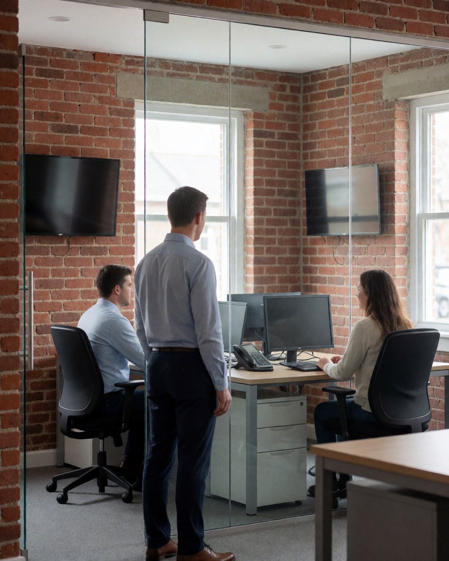 Une cliente examine un bureau moderne doté d'une cloison en verre transparent. Deux personnes travaillent à des bureaux équipés d'écrans plats, dans un espace lumineux.
