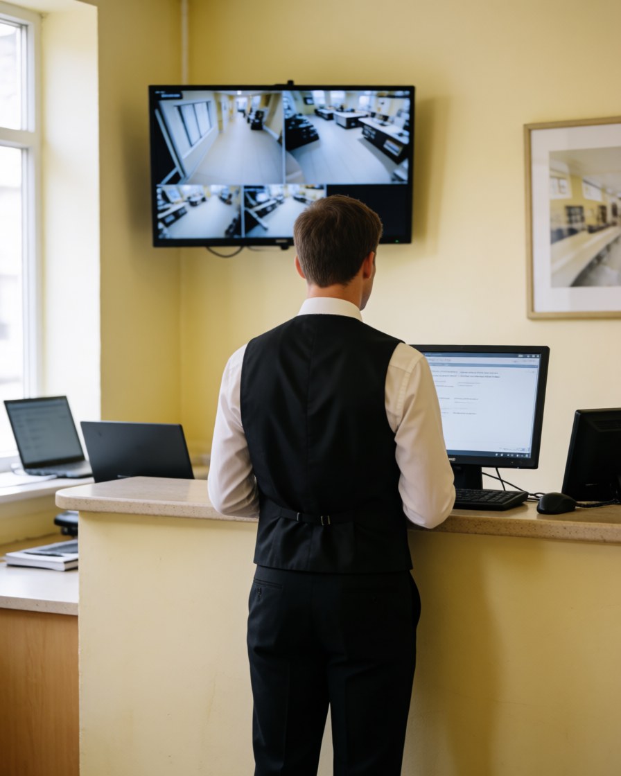 Un employé d'un aparthotel observe des écrans de surveillance dans la réception aux murs jaunes clairs et au mobilier moderne.