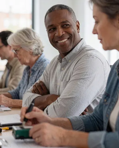 Un homme souriant participe à une réunion avec des collègues autour d'une table en bois clair où sont posés des documents et des outils de travail.