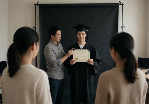 Photographe ajuste un diplôme devant un étudiant diplômé avec une toque sur fond noir en studio.
