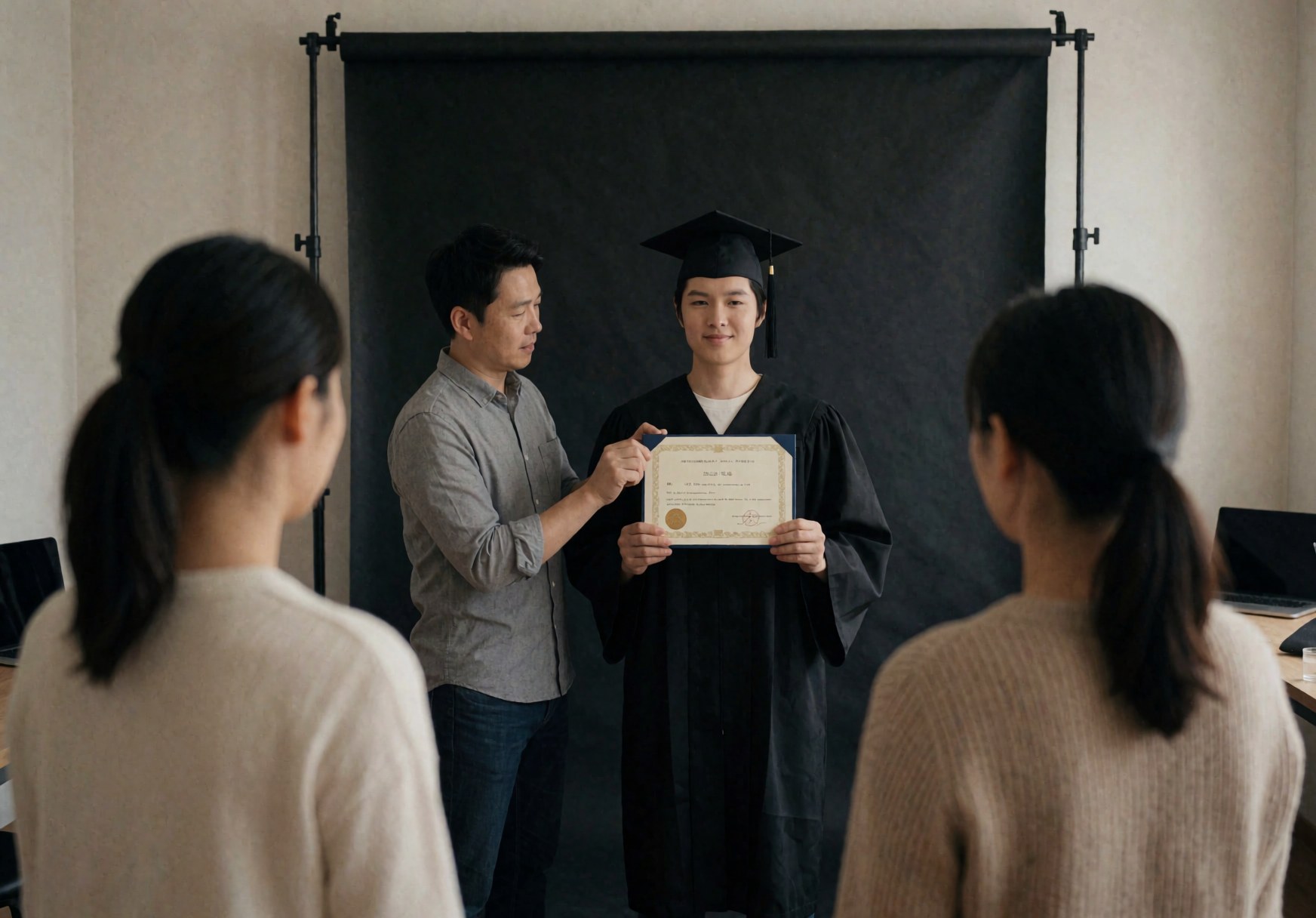 Photographe ajuste un diplôme devant un étudiant diplômé avec une toque sur fond noir en studio.