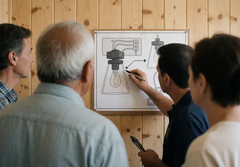 Un technicien explique une installation électrique à l'aide d'un diagramma mural en bois pendant que des clients observent attentivement le processus de montage.