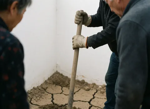 Gros plan de mains portant des gants de travail tenant une pelle au-dessus d'un sol craquelé, devant un mur blanc dans un contexte de quincaillerie.