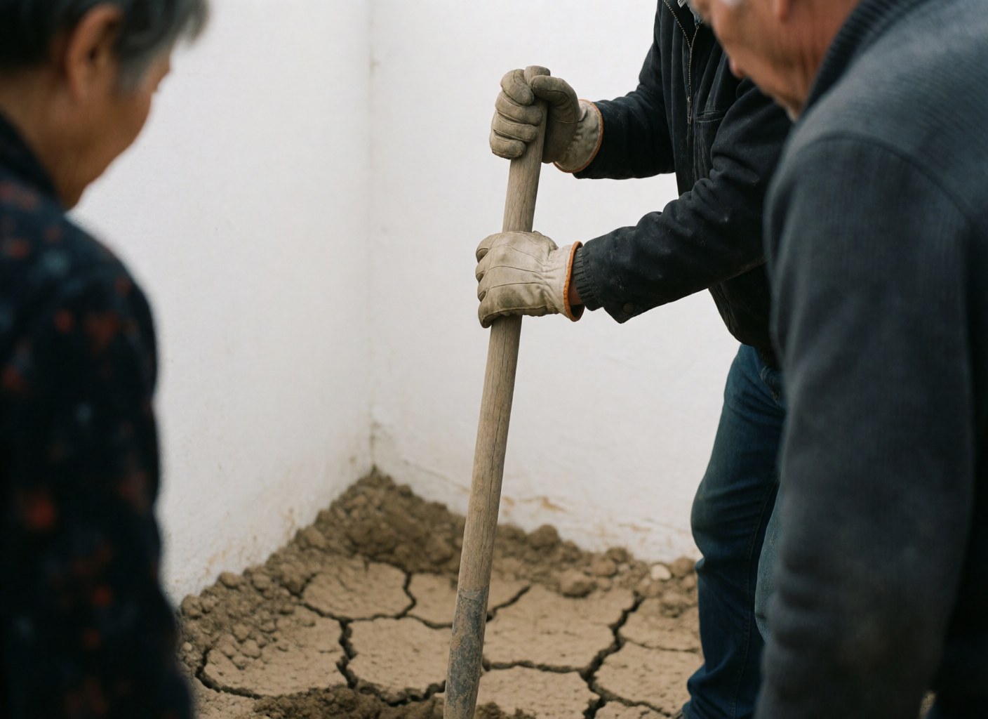Gros plan de mains portant des gants de travail tenant une pelle au-dessus d'un sol craquelé, devant un mur blanc dans un contexte de quincaillerie.