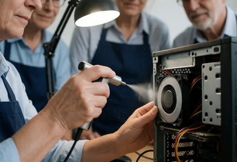 Technicien en tablier utilisant de l'air comprimé pour nettoyer un ventilateur d'ordinateur sous l'éclairage de travail, tandis que d'autres collègues observent la prestation de service.