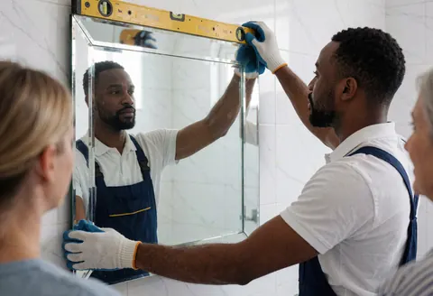 Un installateur de vitres pose un miroir sur un mur carrelé blanc dans une salle de bain moderne, équipé de gants et d'un niveau.