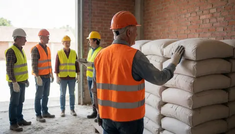 Un employé en gilet de sécurité inspecte des sacs de ciment empilés dans un entrepôt, tandis que d'autres ouvriers observent la scène.